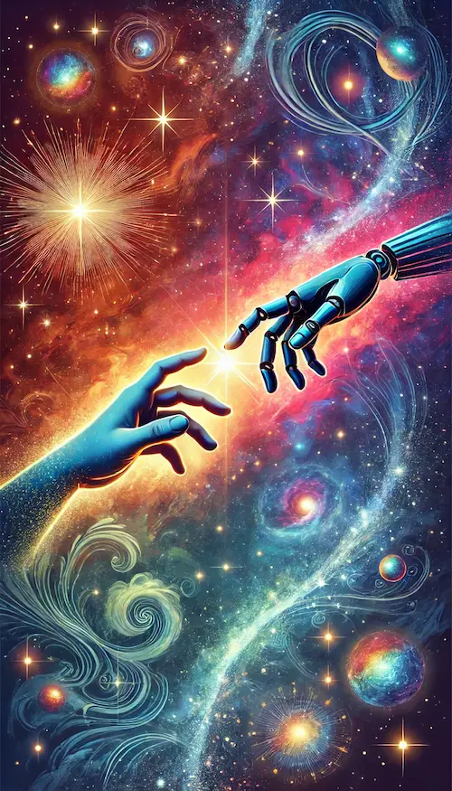 Cosmic Harmony The Touch of Humanity and Technology A cosmic illustration featuring a human hand reaching out to a robotic hand.